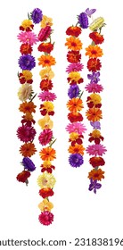 Vertical garlands hanging as religion holiday decoration: aster, chrysanthemum, gerbera, daisy, marigold, orchid flowers. Buddhist traditional ornamentation. Illustration in watercolor style, vector