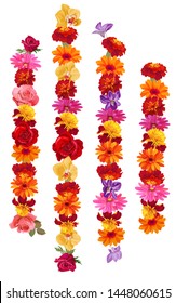 Vertical garlands: roses, gerberas, daisies, marigold (tagetes), orchids. Flowers for Indian religion festive decoration. Buddhist traditional ornamentation. Illustration in watercolor style, vector