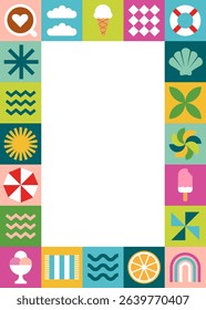 Vertical geometric abstract summer colorful frame of squares and icons with text box, simple shapes with ice cream, sea, hat, starfish, limon, shell, rainbow. Flat vector background in retro style
