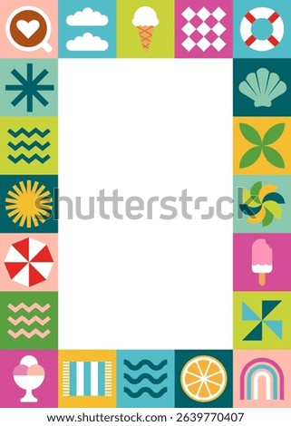 Vertical geometric abstract summer colorful frame of squares and icons with text box, simple shapes with ice cream, sea, hat, starfish, limon, shell, rainbow. Flat vector background in retro style