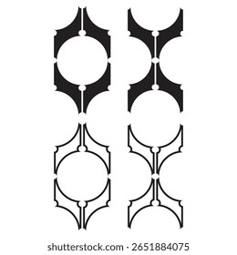 Arte geométrica vertical com formas circulares e pétalas, combinando contornos de traçado arrojados e elegantes para formar simetria moderna.
