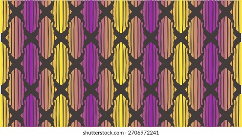 Vertical geometric bars in yellow, purple, and black forming a structured repeating abstract pattern.