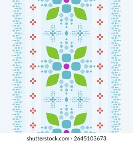 Vertical Geometric Floral Stripe Pattern playful and vibrant seamless featuring vertical floral stripes, soft blue diamond dots, stylized flower motifs in green, red, purple. summer textiles silk kids