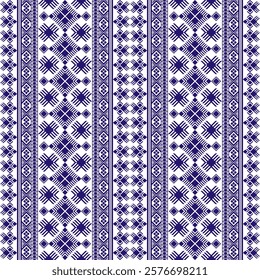 a vertical geometric pattern in dark blue on a white background. It features intricate motifs, including diamonds and crosses, arranged in symmetrical vertical stripes. Vector ethnic geometry seamless