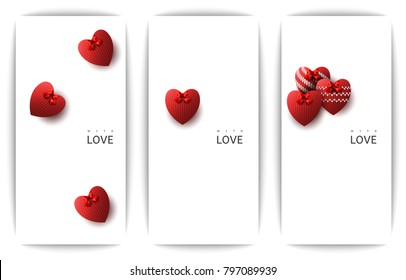 Vertical gift design background with a red knitted heart and a bow. Invitation For Valentine's Day, Wedding, Birthday. For a banner, postcards. flyer, label, certificate, company card. Vector.