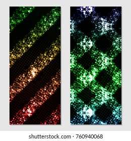 Vertical gift glitter, festive design background. Postcard for a Merry New Year and Merry Christmas. For a banner, flyer, label, certificate, company card. Vector. Colorful.