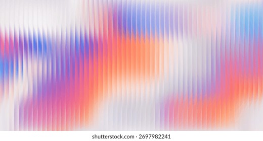 Vertical glass gradient distortion with vibrant holographic hues and soft blur. Abstract iridescent surface with rainbow ripple lines and light diffusion. Vector illustration