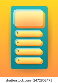 Vertikaler Glasmorphismus Quiz-Spiel-Vorlage auf gelbem Hintergrund. App-Vektorillustration testen