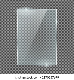 Vertical glass plate isolated on a transparent background. Vector glass with reflection and lights effects