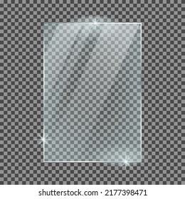 Vertical glass plate isolated on a transparent background. Vector glass with reflection and lights effects