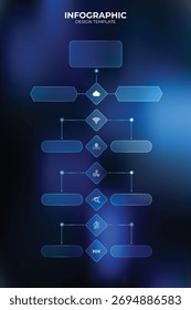 Vertical Glassmorphism Infografía Plantilla tecnológica con Botones de neón y degradado brillante. Diseño moderno de interfaz de interfaz de usuario Proceso de varios pasos Conectarse con el análisis de datos de IA de nodo de línea. Futurista
