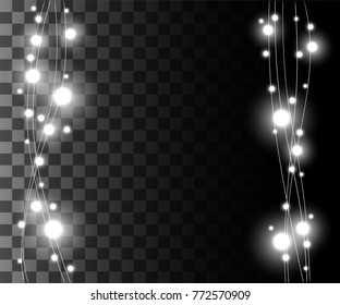 Vertical glowing light silver bulbs design for holidays garlands christmas decorations effect isolated on the transparent background website page game and mobile app design.
