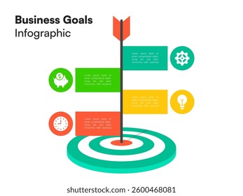 Vertical Goal Infographic with Red Arrow and Colored Step Boxes Leading to Target Center with Icons Vector Illustration