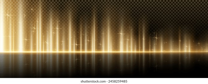 Vertical gold flare moving bottom to top with reflections on dark transparent background. Realistic vector illustration of bright glowing shine light lines with overlay and magic glitter effect.