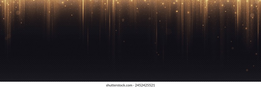 Vertical gold flare on black background. Abstract bg with golden glow sparkles and light pass from top down. Realistic vector illustration of border with bright mystery ray or star trail with glitter.