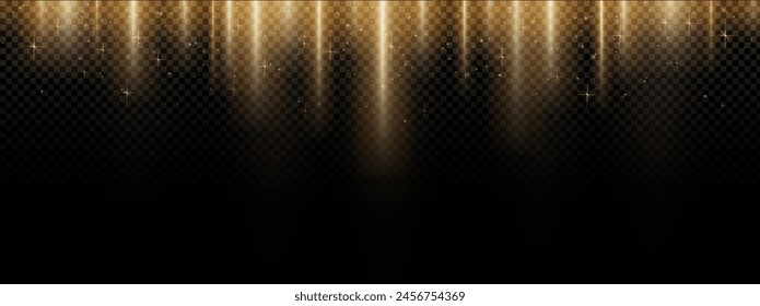 Flare de oro Vertical sobre fondo negro. Abstractas bg con destellos dorados y luz que pasa de arriba hacia abajo. Ilustración vectorial realista de borde con rayo de misterio brillante o rastro de estrellas con brillo.