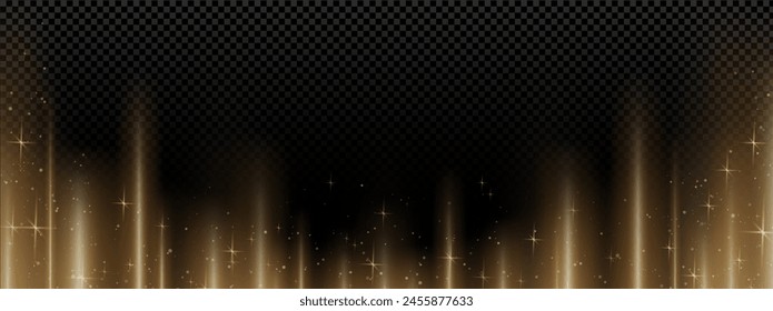 Vertical gold line light effect. Sparkle and flare beam. Magic laser speed ray glow. Mystery technology data fiber pattern. String projection bg. Upward lens trail banner with space illustration