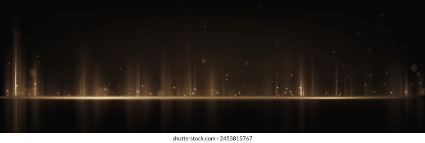 Vertical gold line light and speed flare effect. Golden laser spark on floor vector background. Flash neon shine with yellow projection. Abstract luxury string pattern for nightclub performance