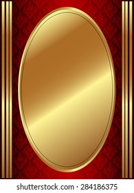 Vertical gold oval frame on a dark red ornament