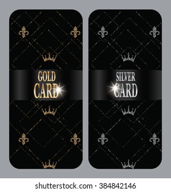Vertical gold and silver cards with fleur-de-lis and crowns