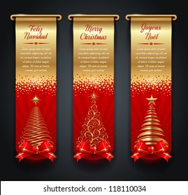 Vertical golden banners with greetings and Christmas trees