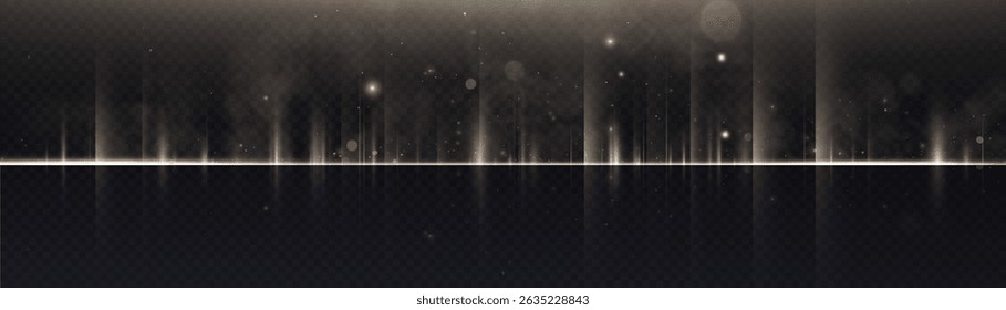 Vertical golden beams with sparkling dust particles on dark transparent background. Soft glowing light rays for magical, festive or elegant visual effects in design.