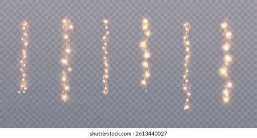 Vertical golden string lights with glowing bulbs on transparent background. Ideal for festive decorations, holiday scenes, party backdrops, or elegant illumination in event design.

