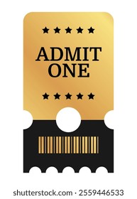 Vertical golden ticket template design, admit one, barcode. Cinema, theater, casino gold ticket. Metal gradient coupon. Vector illustration on white background