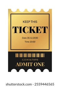 Vertical golden ticket template design. Cinema, theater, casino, concert, film, party, festival gold ticket. Metal gradient coupon. Vector illustration on white background