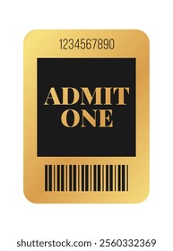 Vertical golden ticket template design admit one. Cinema, theater, casino, concert, film, party, festival gold ticket. Metal gradient coupon. Vector illustration on white background