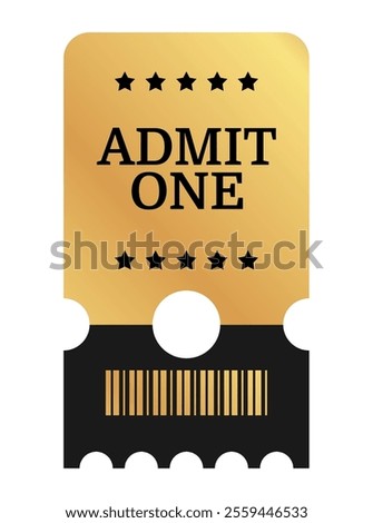 Vertical golden ticket template design, admit one, barcode. Cinema, theater, casino gold ticket. Metal gradient coupon. Vector illustration on white background