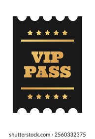 Vertical golden VIP pass ticket template design. Cinema, theater, casino, film, party gold ticket. Metal gradient coupon. Black vector illustration golden text on white background