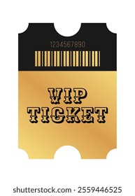 Vertical golden VIP ticket template design. Cinema, theater, casino, concert, film, party, festival gold ticket. Metal gradient coupon. Vector illustration on white background