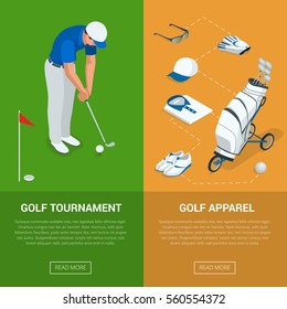 Vertical Golf Club banners with golf tournament and apparel, championship. Flat vector illustration for website or flyers.
