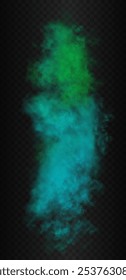 Vertical gradient blue, azure, cerulean and green colors smoke. Vector realistic cloud isolated on the semi transparent dark background. Holi festival style.