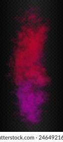 Vertical gradient violet, magenta and red colors smoke. Vector realistic cloud isolated on the semi transparent dark background. Holi festival style.