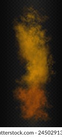 Vertical gradiente de colores amarillo, naranja y rojo fuego nube de humo. Vector de fuego realista, llama o parpadeo aislado en el fondo oscuro semitransparente.