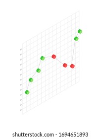 Un gráfico vertical que muestra las estadísticas de caída y aumento. Un gráfico rojo muestra una caída, y un gráfico verde muestra el crecimiento. Ilustración isométrica con una cuadrícula gris sobre un fondo blanco.