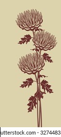 Vertical graphic image of chrysanthemums on a beige background