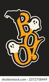 Vertical graphic poster with Halloween inscription. Orange letters decorated with ghosts and a witch's hat. Vector illustration with inscription boo! on a black background.