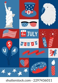 Vertical graphic poster with national symblos of USA independence day. Geometric greeting card for 4th of July. Patriotic elements in flat cartoon style. Retro vintage colors. Vector illustration.