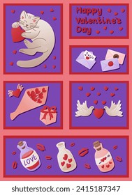 Vertical graphic poster with Valentines greeting. Items related to St Valentines day holiday. Trendy print design for printouts, textile, wallpaper, wrapping, pattern, banner, social media graphics