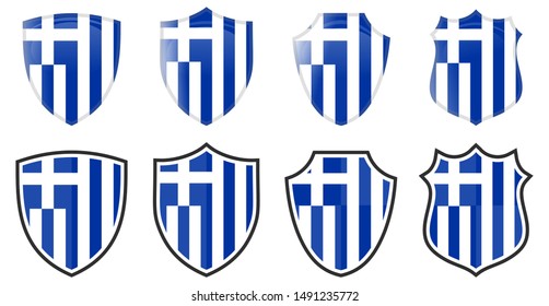 Vertical Greece flag in shield shape, four 3d and simple versions. Greek icon / sign