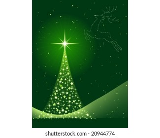 Vertical green background for Christmas, New Years Eve showing a Christmas tree made of stars and a reindeer in the sky. Global colors, blends.