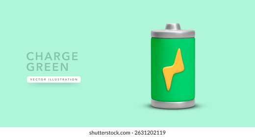 Vertical Green Battery With Power Bolt On Minimal Pastel Background. Clean Electric Energy Concept For Eco Charging And Sustainability Projects. Vector Illustration.