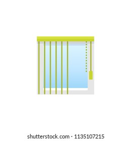 Vertical green blind. Flat icon of window shade & jalousie. Front view. Isolated object on white backround. Vector illustration