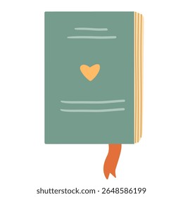Vertical green book with a heart on the cover and orange ribbon bookmark. Hand drawn flat vector illustration.