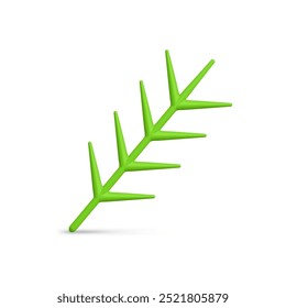 Vertical green branch with sharp needles realistic Christmas glossy bauble 3d template vector illustration. Realistic simple artificial coniferous stick plastic decorative design Xmas toy mockup