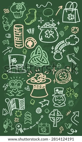 A vertical green chalkboard wallpaper illustrating annual St Patricks Day event elements, Irish community party symbols, and decorative lucky icons with arrow lines.