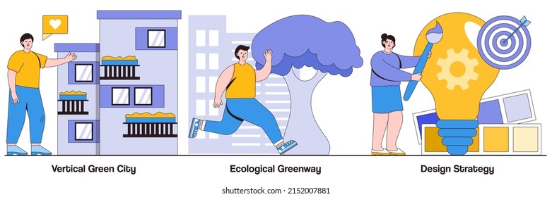 Vertical green city, ecological greenway, design strategy concepts with people characters. Environmental urban solutions illustrations pack. Space-saving eco solution, landscape ecology metaphor.